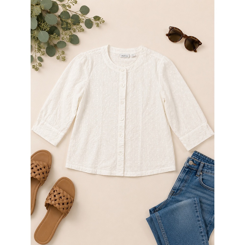 Vermont Country Store White Eyelet Cotton Button Down Blouse 3/4 Sleeve Large